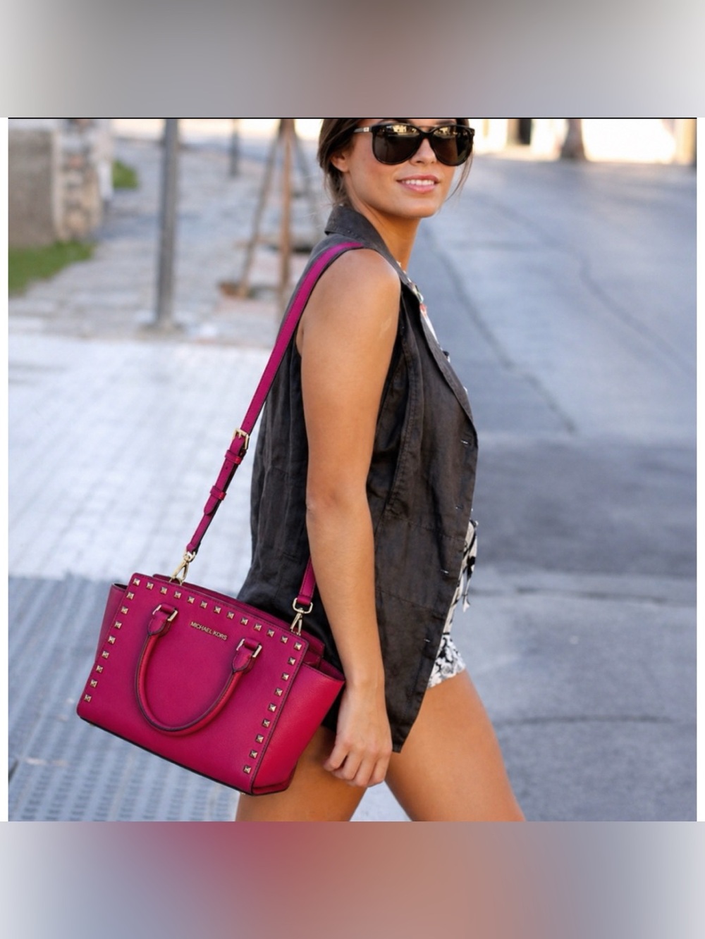 Michael Kors Selma Studded Saffiano Leather Satchel in Focaccia